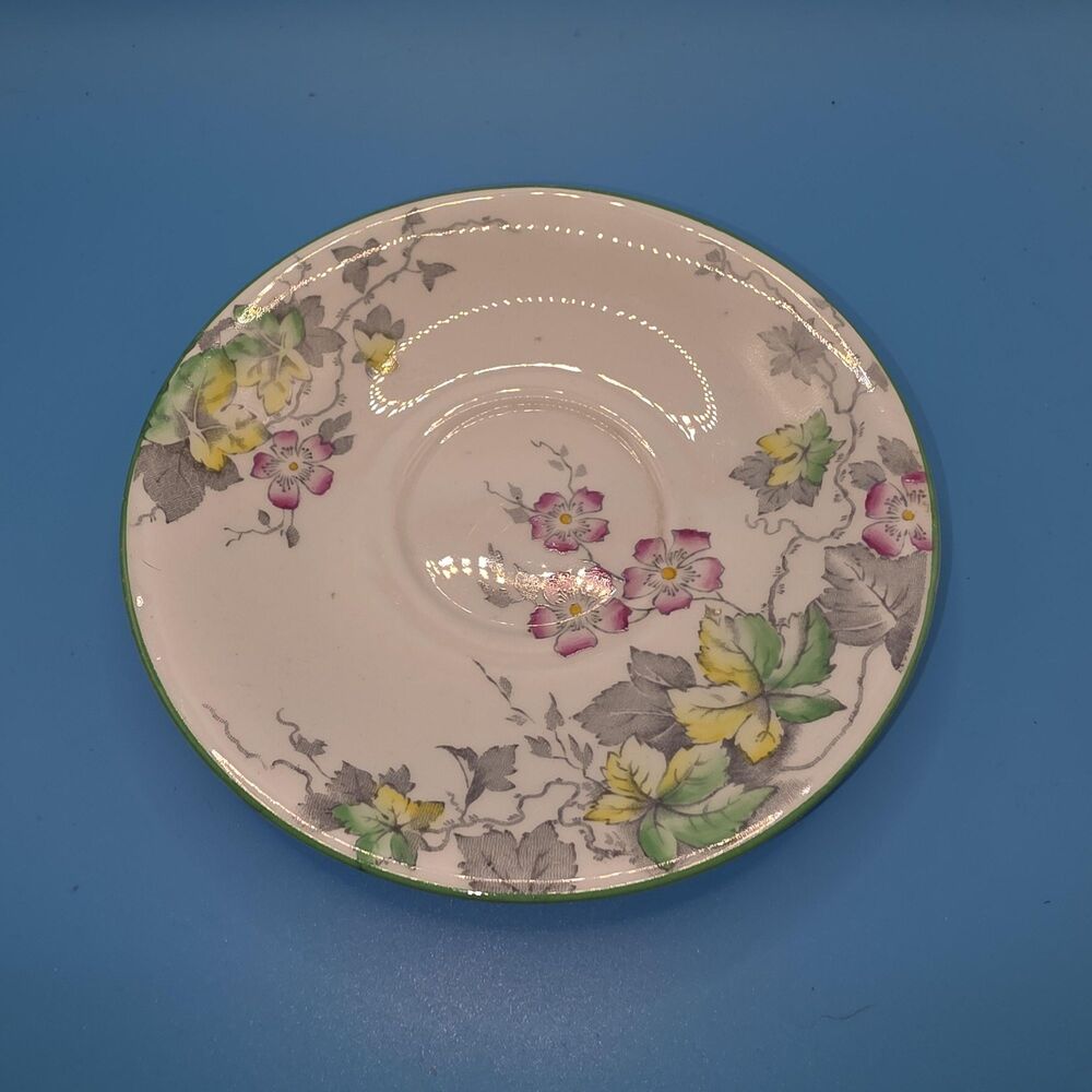 Vintage1930s Windsor England Fine Bone China Saucer — Floral Pink & Green-(Sauc